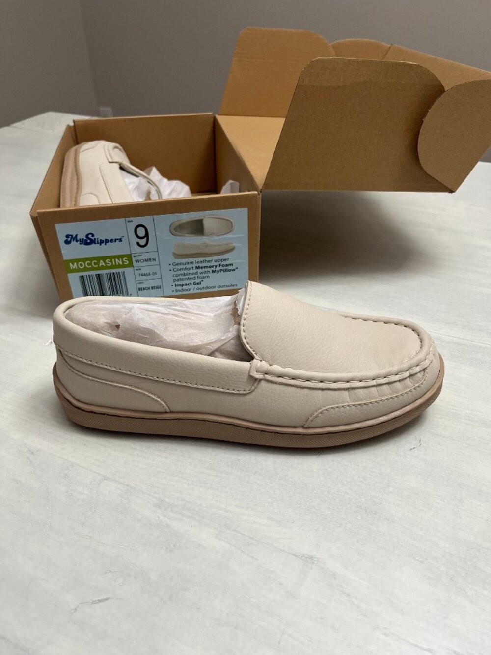 MySlippers Moccasin Genuine Leather Memory Foam Slippers in Beach Beige